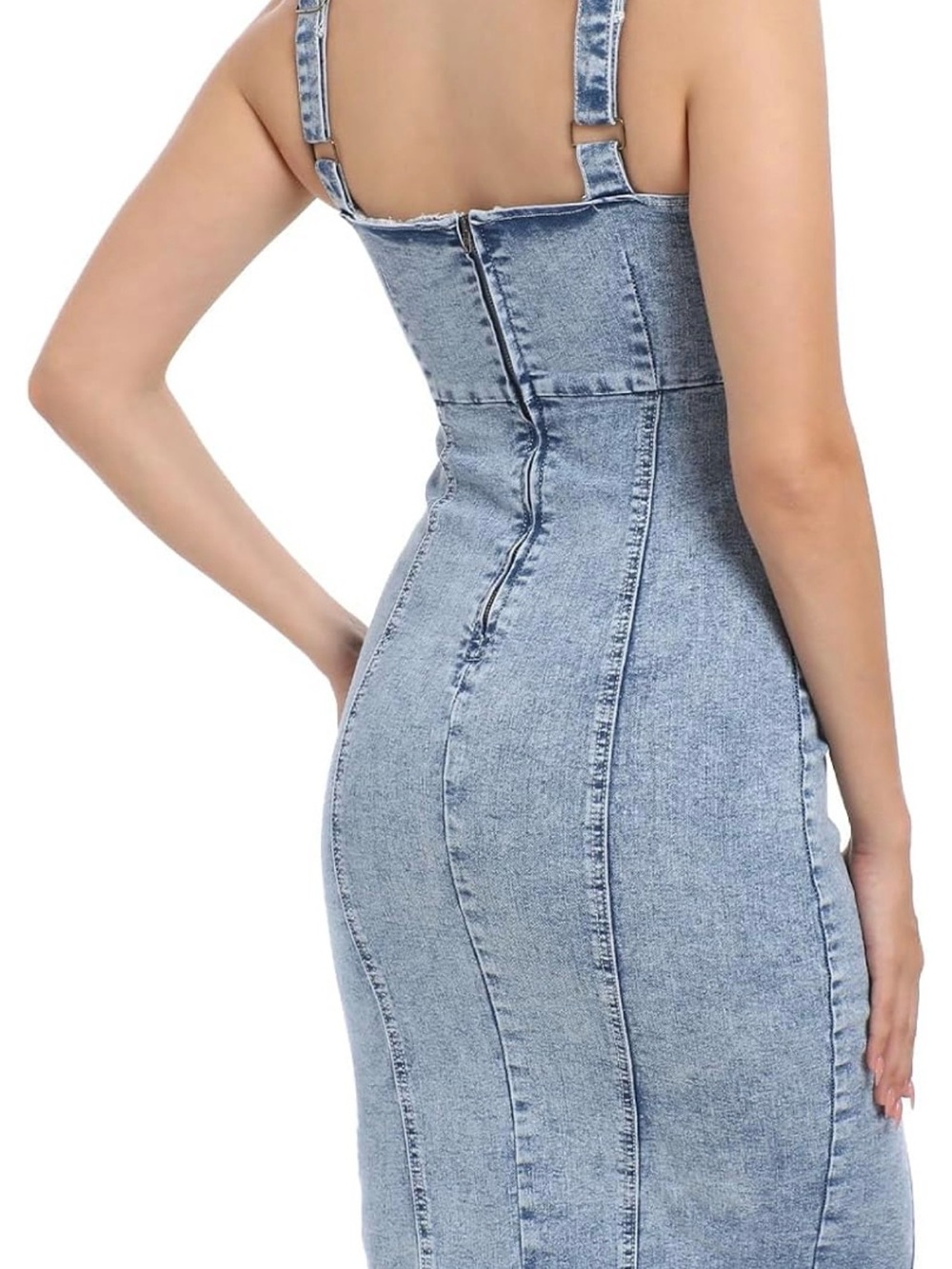 Classic Light Blue Denim Midi Dress with Front/Back Zip - L - Picture 2 of 5